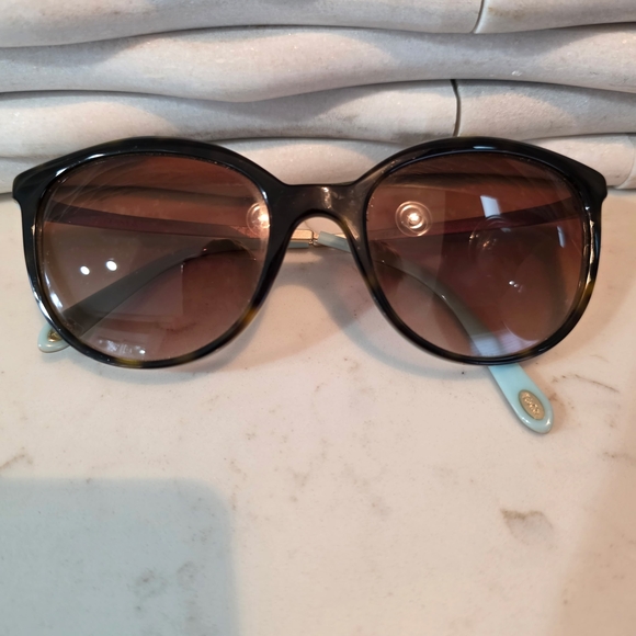 Tiffany & Co. Black Frame Sunglasses with Brown Lenses and Pale Blue Temple Tips - Picture 2 of 10